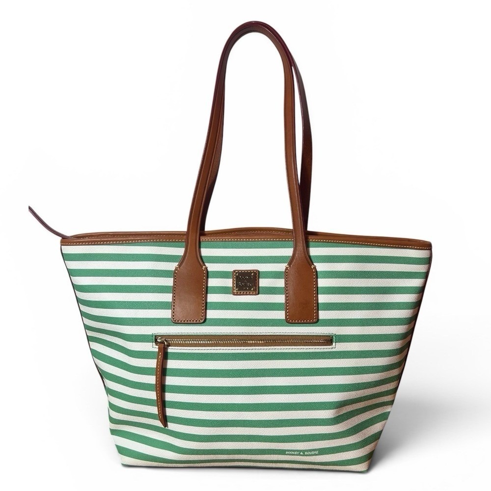 Dooney & Bourke Seafoam Green White Striped Shopper Tote Leather Trim Large EUC